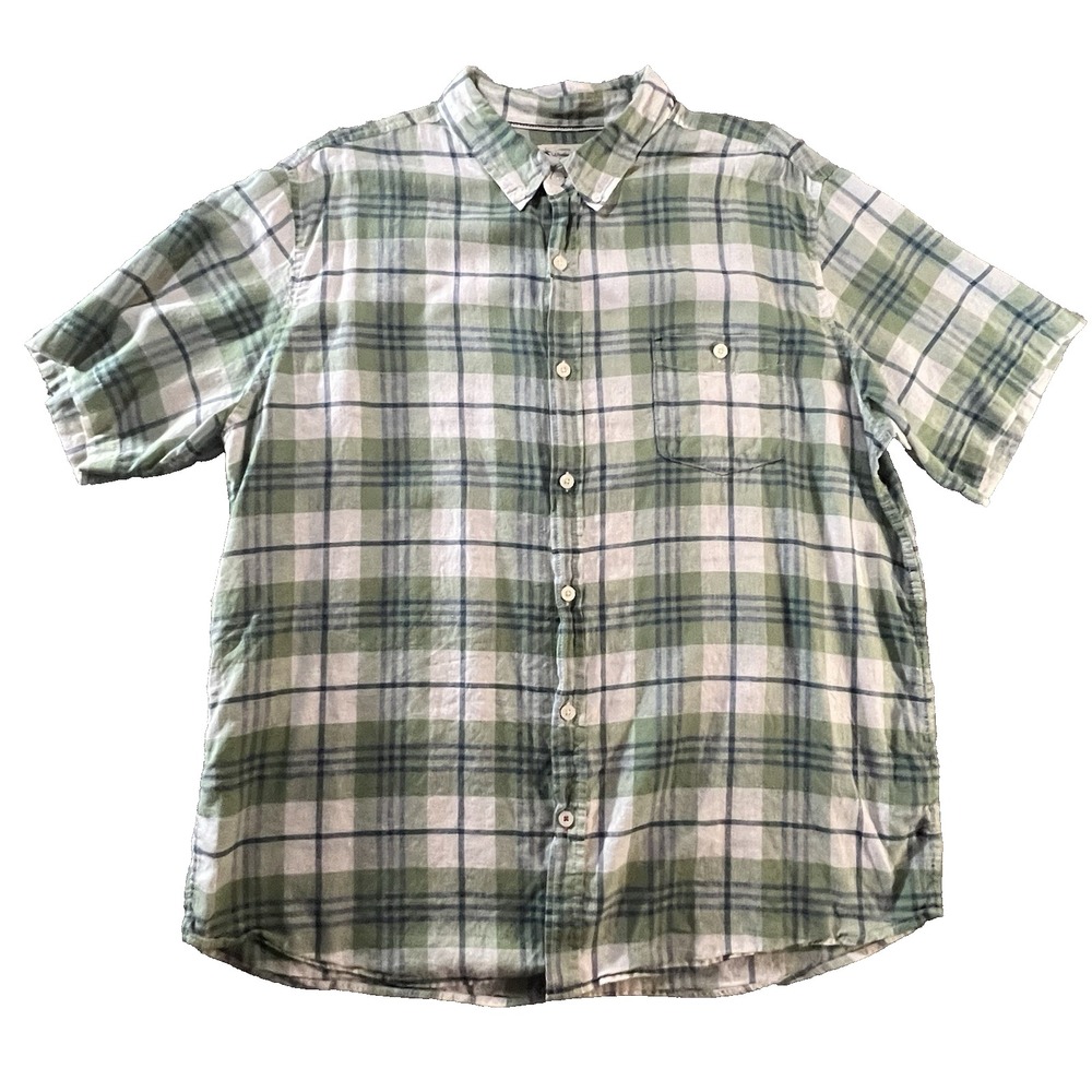 Weatherproof Vintage Mens XXL Plaid Linen Cotton Short Sleeve Button Down Shirt
